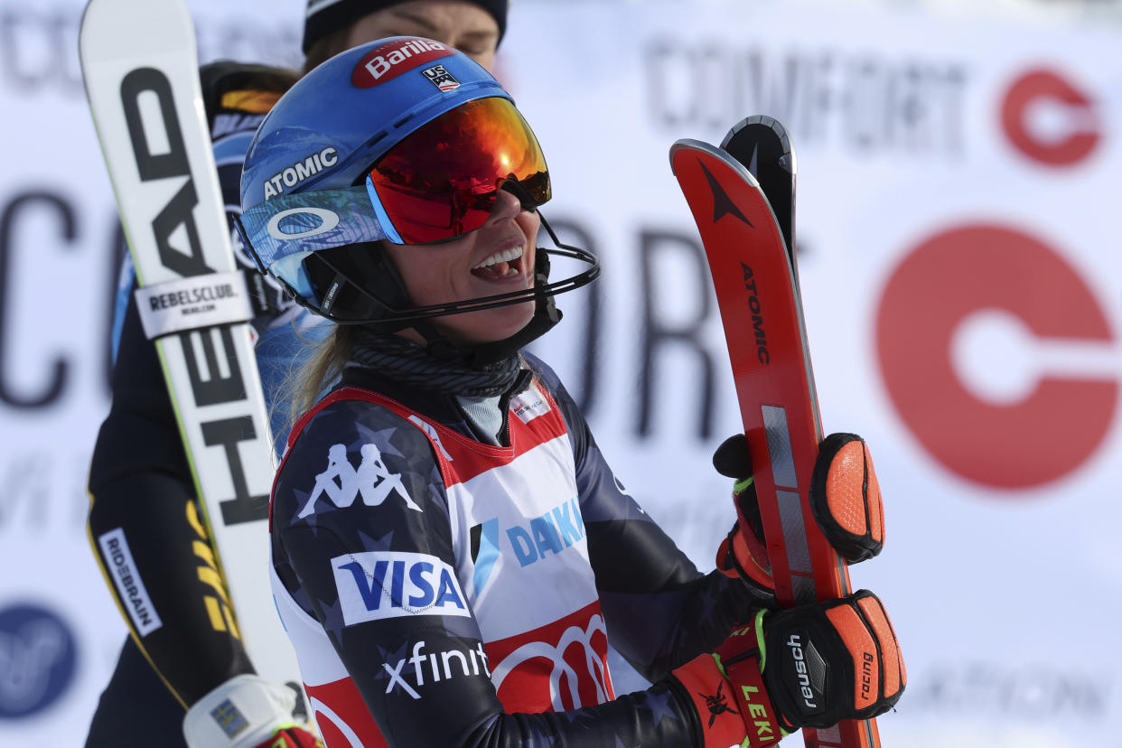 United States' Mikaela Shiffrin reacts after winning an alpine ski, women's World Cup slalom, in Are, Sweden, Saturday, March 11, 2023. (AP Photo/Alessandro Trovati)