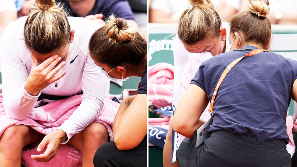 Simona Halep, pictured here suffering a panic attack in a shock loss at the French Open.