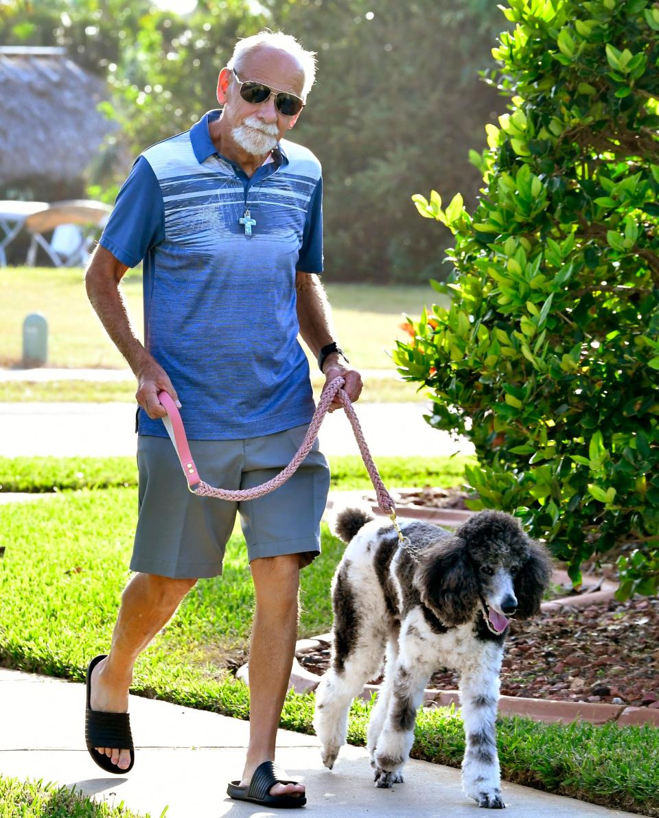 Bob Sielski, 80, walks Izzy the Standard-poodle in his barrier-island neighborhood south of Melbourne Beach.
