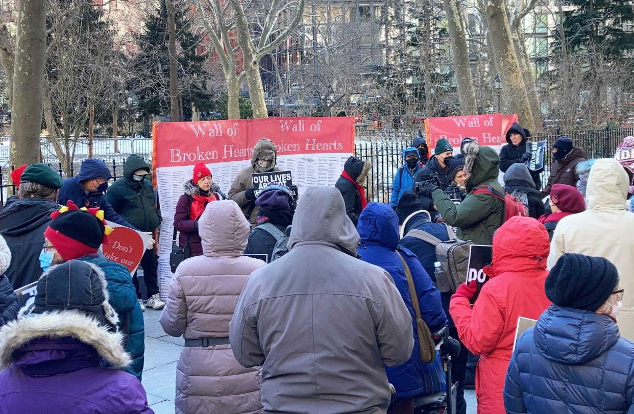 Retired city workers gathered near City Hall in lower Manhattan, New York on Monday, Feb. 14, 2022, to tell New York City Mayor Eric Adams he's breaking their hearts with his plan to change their beloved Medicare coverage. 