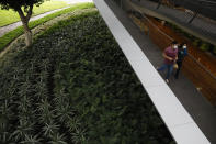 Filmgoers leave the Cineteca Nacional, Mexico's film archive, in Mexico City, Wednesday, Aug. 12, 2020. After being closed for nearly five months amidst the ongoing coronavirus pandemic, movie theaters in the capital reopened Wednesday at 30% capacity. (AP Photo/Rebecca Blackwell)