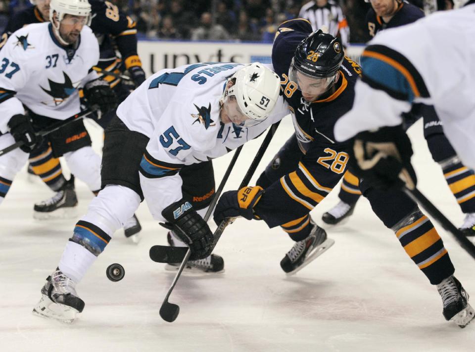 San Jose Sharks center Tommy Wingels (57) wins a face-off against Buffalo Sabres center Zemgus Girgensons (28), of Latvia, during the second period of an NHL hockey game in Buffalo, N.Y., Friday, Feb. 28, 2014. (AP Photo/Gary Wiepert)