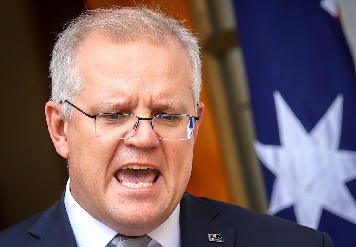 CANBERRA, AUSTRALIA - SEPTEMBER 4: Australian Prime Minister Scott Morrison speaks during a media conference at Parliament House on September 4, 2020 in Canberra, Australia. State and Territory leaders met today for the National Cabinet Meeting to discuss alternatives for state border closures and caps on international arrivals in response to the COVID-19 pandemic. (Photo by David Gray/Getty Images)