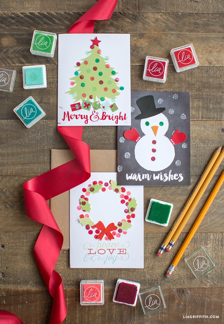 <p>No fancy stamp set required — add some DIY fun with festive ink and a few pencils. Use the eraser to stamp on ornaments, buttons and holly berries.</p><p><a href="https://go.redirectingat.com?id=74968X1596630&url=https%3A%2F%2Fliagriffith.com%2Feraser-stamp-holiday-card-for-kids%2F&sref=https%3A%2F%2Fwww.goodhousekeeping.com%2Fholidays%2Fchristmas-ideas%2Fg4080%2Fclever-diy-christmas-cards%2F" rel="nofollow noopener" target="_blank" data-ylk="slk:Get the tutorial at Lia Griffith »;elm:context_link;itc:0;sec:content-canvas" class="link "><em>Get the tutorial at Lia Griffith »</em></a><br></p>