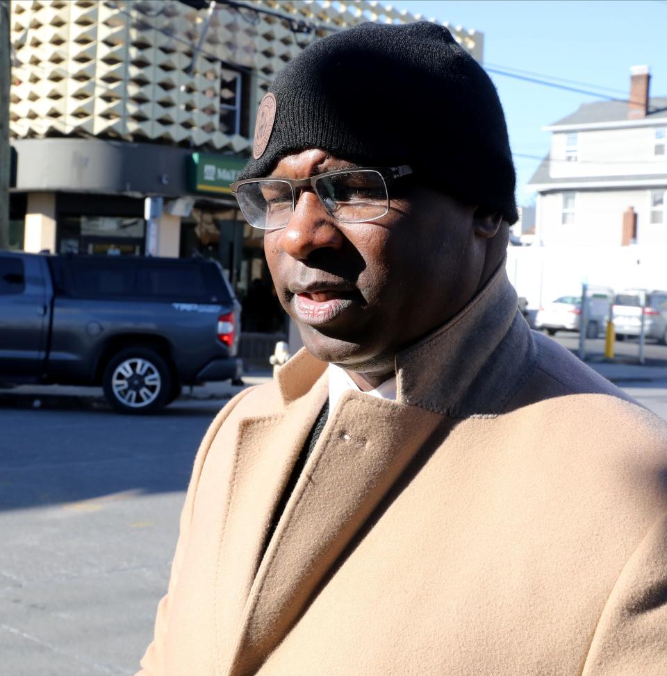 U.S. Rep. Jamaal Bowman, visits the neighborhood Jan. 26, 2022, after a teenager was shot by another teenager in New Rochelle, at the corner of Washington Avenue and Fourth Street in the city.