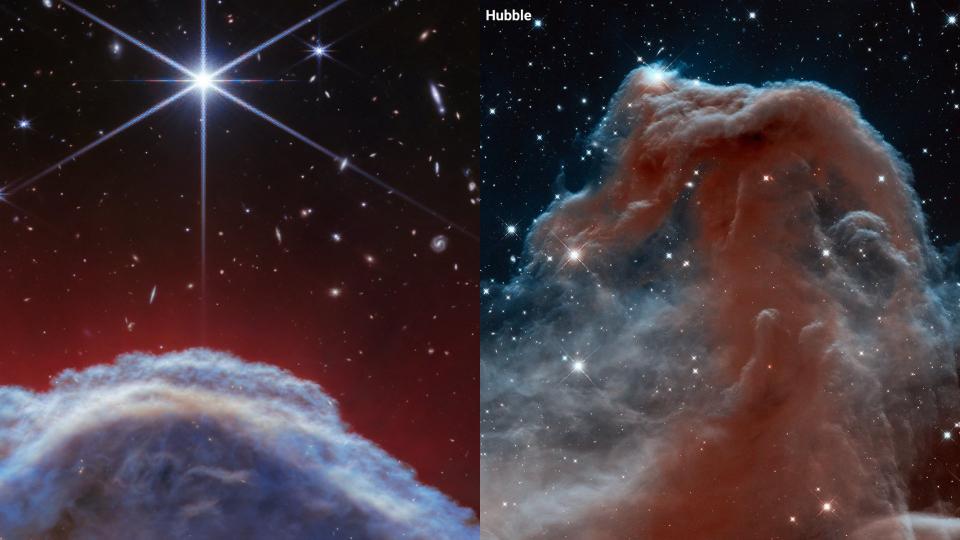韋伯太空望遠鏡最新拍攝的馬頭星雲紅外線影像(左圖)，對比2013年拍攝的馬頭星雲照(右圖)。翻攝@NASA「X」社群平台