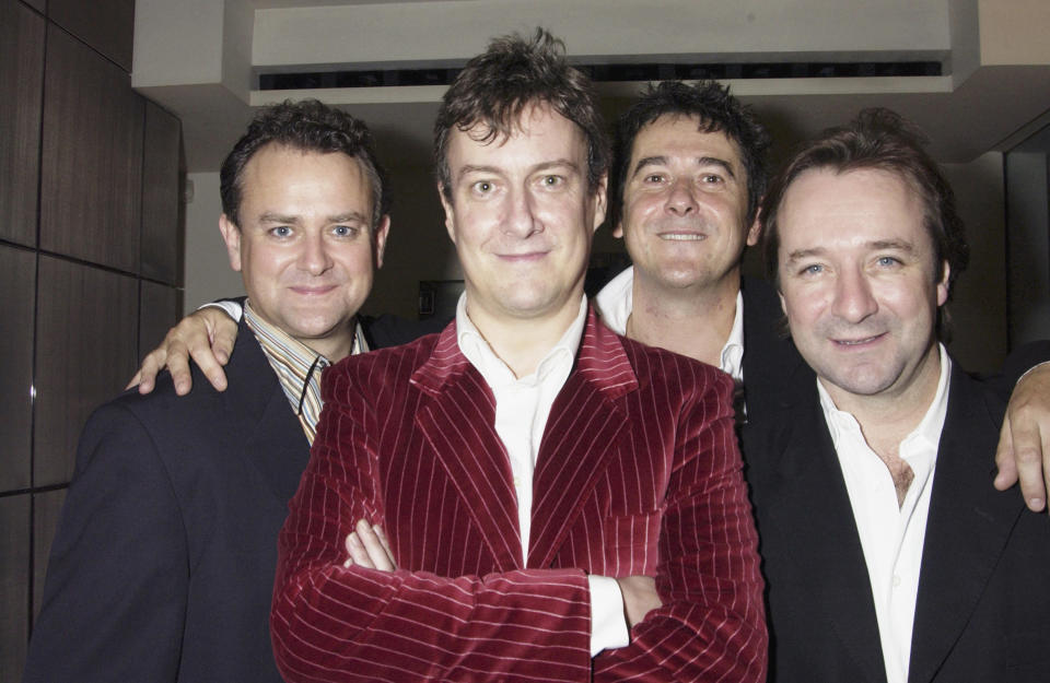 LONDON - SEPTEMBER 28: (EMBARGOED FOR PUBLICATION IN UK TABLOID NEWSPAPERS UNTIL 48 HOURS AFTER CREATE DATE AND TIME) (L-R) Actors Hugh Bonneville, Stephen Tomkinson, Adrian Lukis and Neil Pearson arrive at the UK Premiere and Press night of "Cloaca" at The Old Vic Theatre on September 28, 2004 in London. (Photo by Dave Benett/Getty Images)