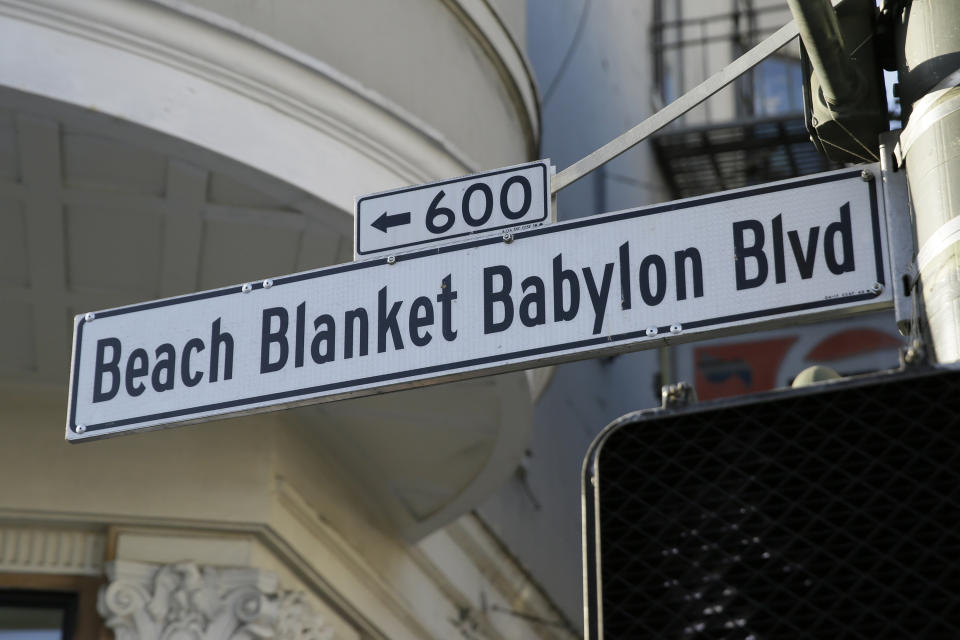 In this Tuesday, Nov. 19, 2019 photo, a street sign named for the musical "Beach Blanket Babylon" is seen near where the show is performed in San Francisco. The final performance of the small campy San Francisco show is set for New Year's Eve. (AP Photo/Eric Risberg)