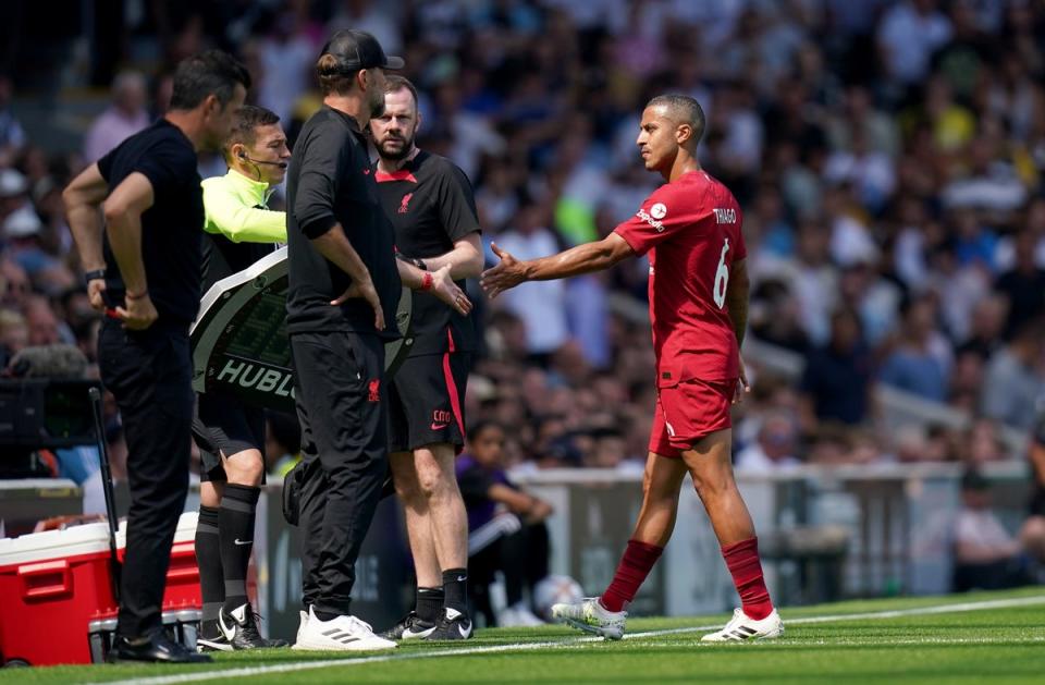 Thiago went off injured at Craven Cottage last weekend (Adam Davy/PA) (PA Wire)