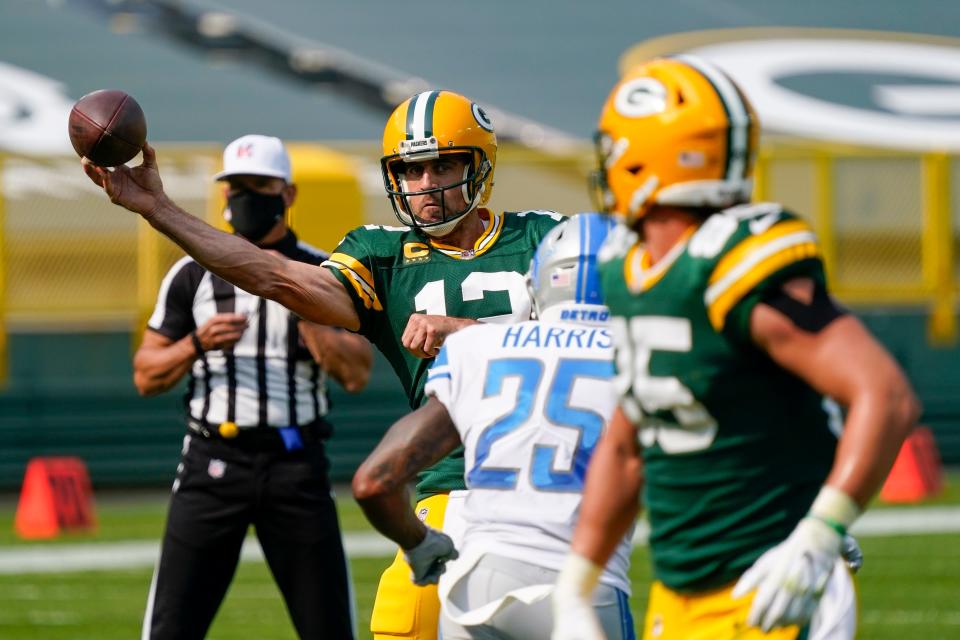 Green Bay Packers' Aaron Rodgers throws during the second half against the Detroit Lions Sunday, Sept. 20, 2020, in Green Bay, Wis.