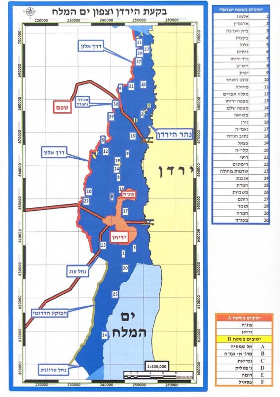 A map shared by Mr Netanyahu shows Israeli annexation of Jordan Valley area in blue, while a patch of land and corridors left for the Palestinians are in orange (Handout from Likud Party )