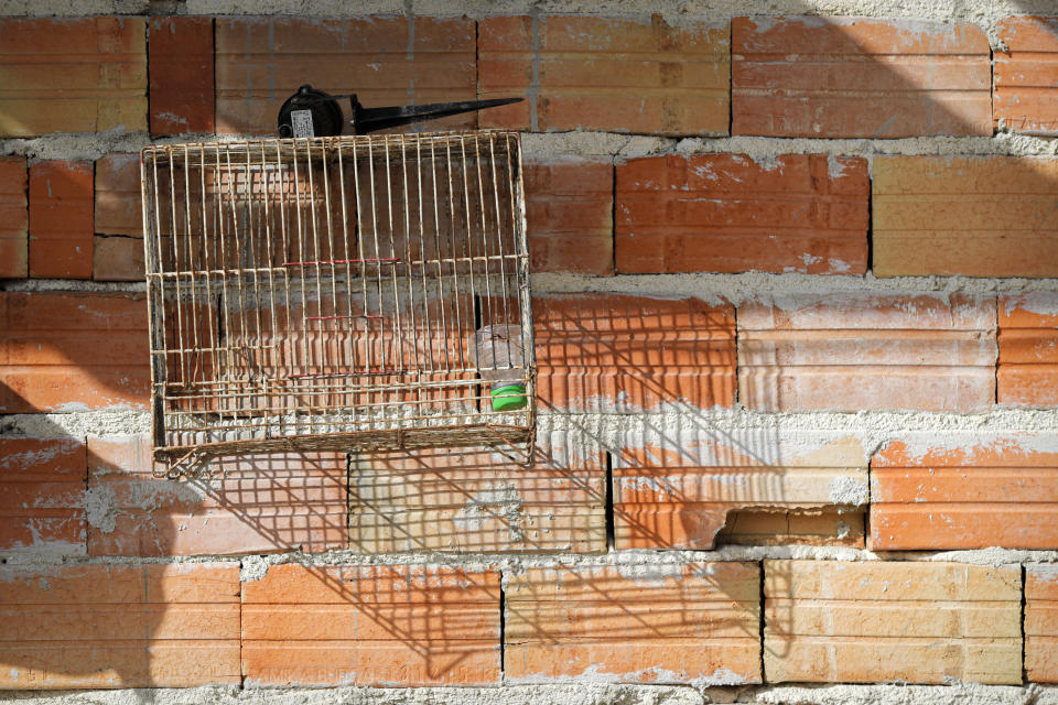 An empty birdcage hangs on a wall of the Topchu family house in a village on the outskirts of Burgas, Bulgaria, Monday, Sept. 28, 2020. Human rights activists and experts say local officials in several countries with significant Roma populations have used the pandemic to unlawfully target the minority group, which is Europe's largest and has faced centuries of severe discrimination. (AP Photo/Vadim Ghirda)