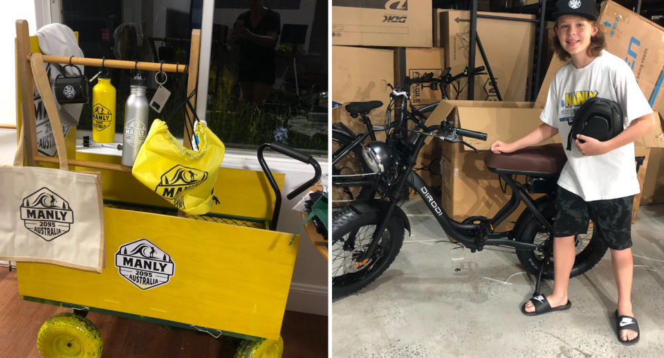 A photo of Zac's yellow trolley advertising his clothing business called Manly 2095. A photo of Zac smiling next to his e-bike.