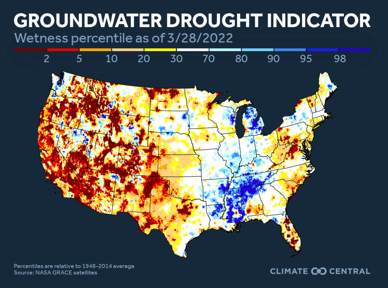 Groundwater storage as of March 28, 2022. Blue areas are wetter than usual, while orange and red areas are drier.  Climate Central