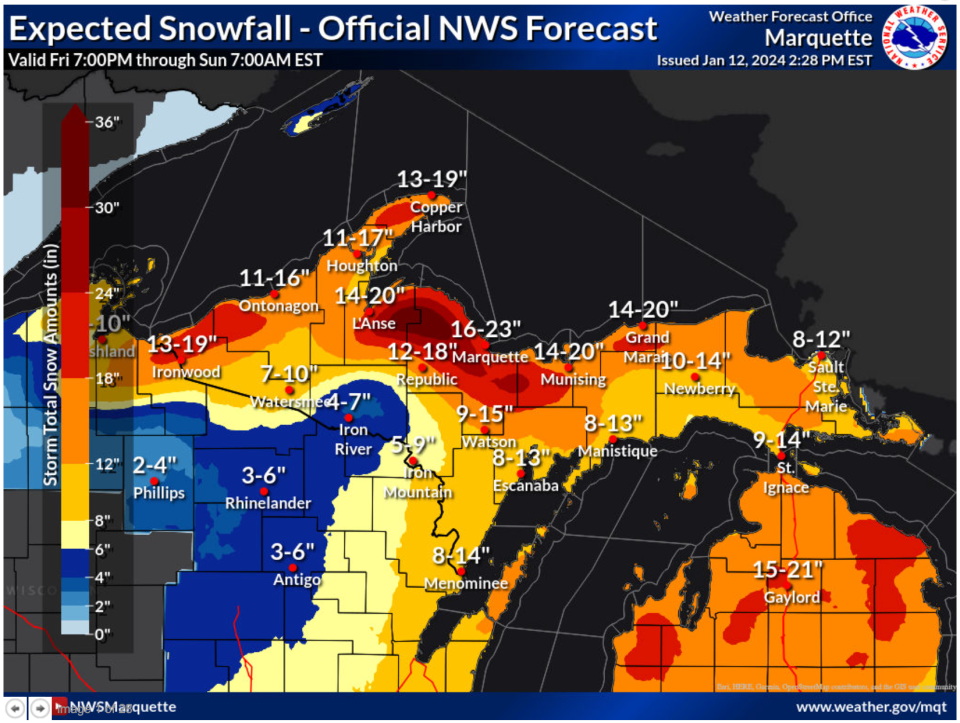 National Weather Service snowfall predictions for upper Michigan, from 7 p.m. Friday, Jan. 12 to 7 a.m. Sunday, Jan. 14.