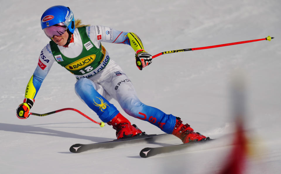 Mikaela Shiffrin of the United States skis down the course during the women's World Cup Super-G in Lake Louise, Alberta, on Sunday, Dec. 5, 2021. (Frank Gunn/The Canadian Press via AP)