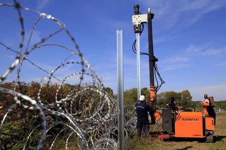 Hungarian army soldiers erect a fence on the border with Croatia near Zakany, Hungary, October 1, 2015. REUTERS/Bernadett Szabo