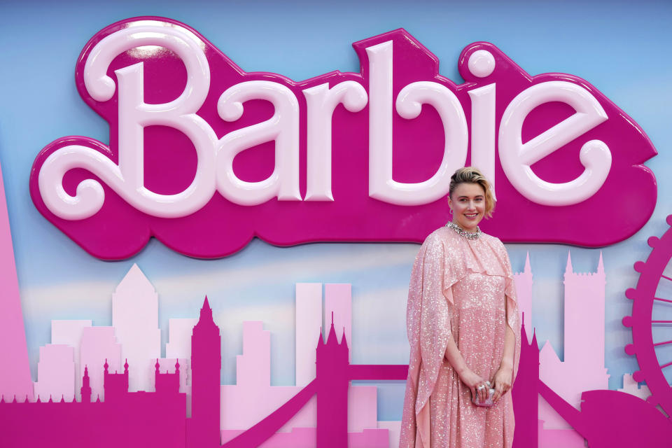 Writer/director/executive producer Greta Gerwig poses for photographers upon arrival at the premiere of the film 'Barbie' on Wednesday, July 12, 2023, in London. (Scott Garfitt/Invision/AP)