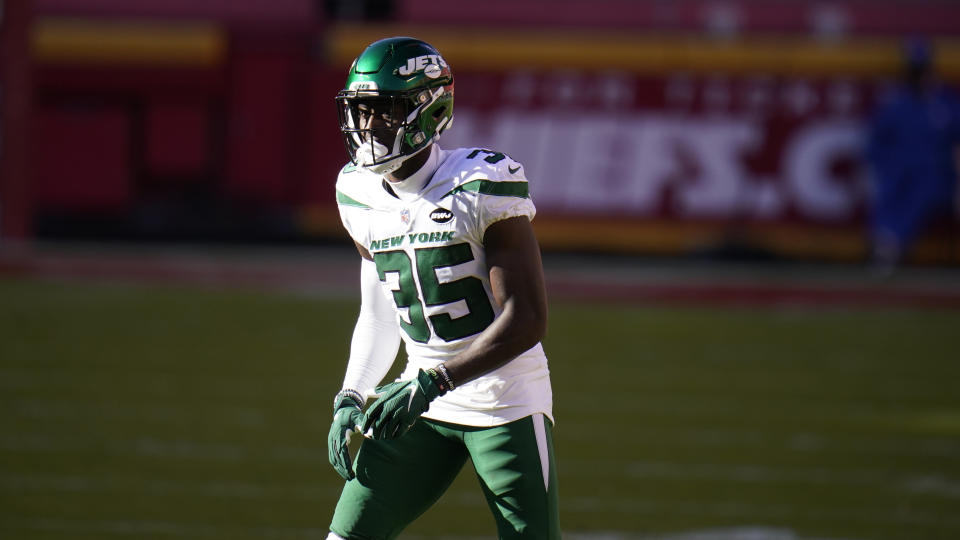 New York Jets cornerback Pierre Desir (35) takes up his position during the second half of an NFL football game against the Kansas City Chiefs Sunday, Nov. 1, 2020, in Kansas City, Mo. (AP Photo/Jeff Roberson)