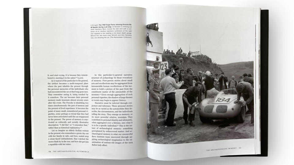 A spread from the book "The Archaeological Automobile" that shows a photo from the Klemantaski Collection of the 1960 Targa-Florio–winning Porsche RS-60 Spyder during a pit stop.