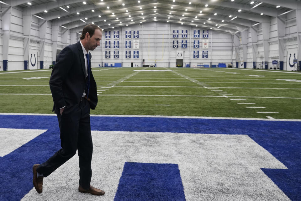 Shane Steichen walks to an interview following an NFL football news conference, Tuesday, Feb. 14, 2023, in Indianapolis. Steichen was introduced as the Colts new head coach. (AP Photo/Darron Cummings)