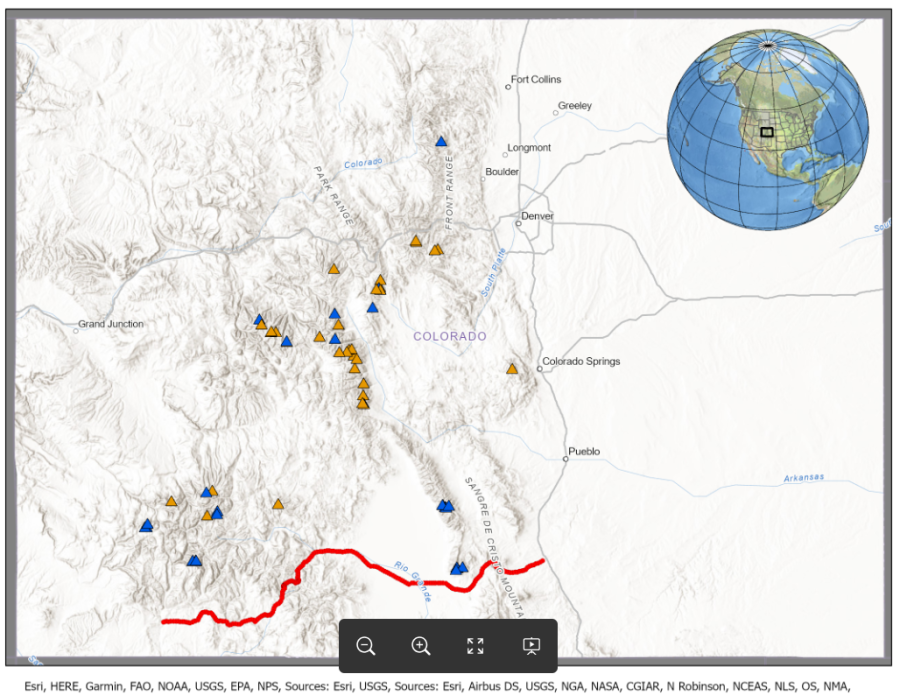 Distribution of 14ers in Colorado. Peaks with triangulated heights in orange, without triangulated heights in blue, and GSVS17 stations shown in red. From Ahlgren et al. (2024) (National Geodetic Survey)