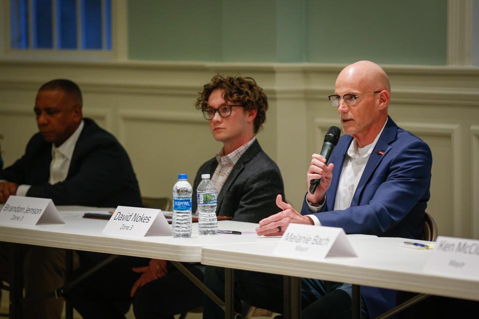 From left, Zone 3 City Council candidates Brandon Jenson and David Nokes at the Neighborhood Advisory Council's City Council candidate forum at National Avenue Christian Church on Tuesday, March 7, 2023.