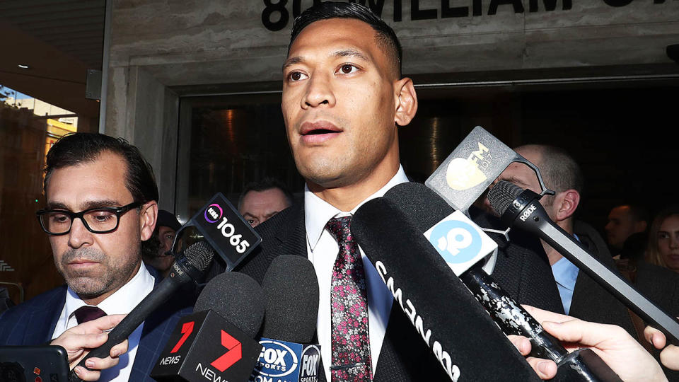 Israel Folau speaks to media following his Fair Work Commission meeting with Rugby Australia. (Photo by Mark Metcalfe/Getty Images)