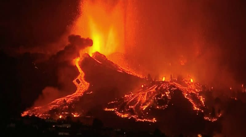 Lava pours out of a volcano on La Palma in Spain's Canary Islands