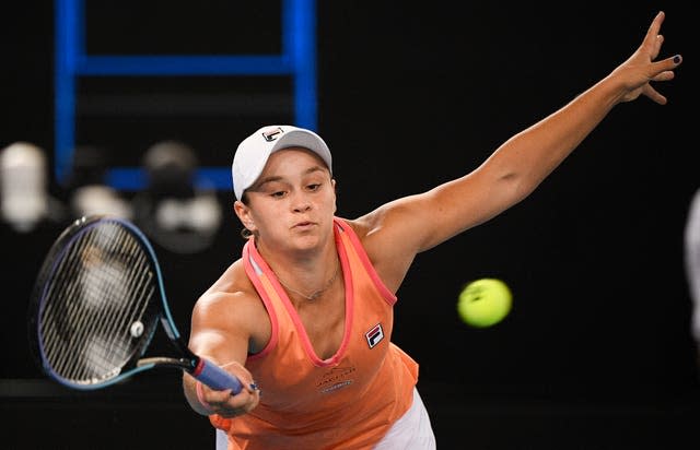 Australia’s Ashleigh Barty stretches for a forehand during her victory over Shelby Rogers