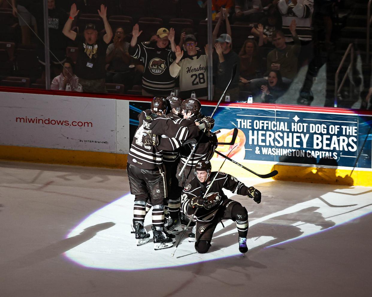 Henrik Rybinski (38) celebrates after scoring his first career playoff goal on Wednesday night. In Game 2 Saturday, Rybinski scored again as Hershey won, 5-1, to take a two-game series lead vs. Lehigh Valley.