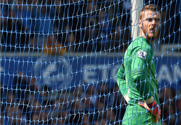 Manchester United goalkeeper David de Gea reacts after Everton score their second goal on April 26, 2015