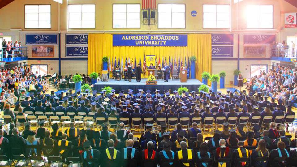A graduation ceremony takes place at Alderson Broaddus University in Philippi, West Virginia. The school was founded as Alderson-Broaddus College in 1932. - Alderson Broaddus University/Facebook