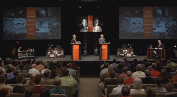 Bill Nye and Ken Ham onstage at the Creation Museum in Kentucky on Feb. 4, 2014. The two men debated whether Biblical creationism is a viable way to understand origins.