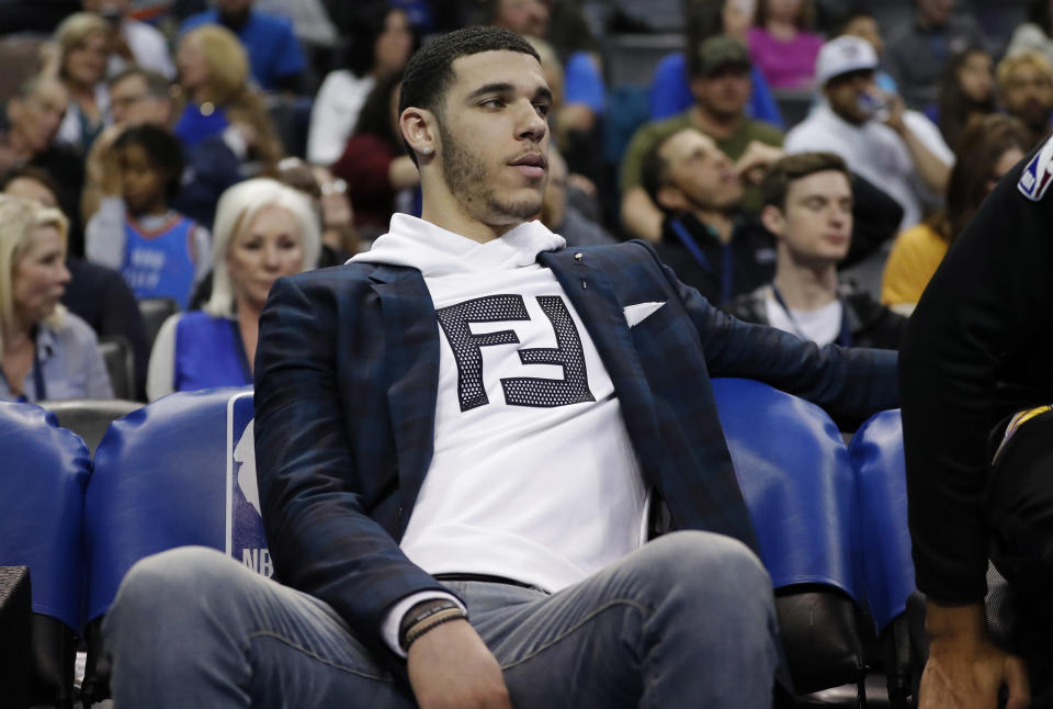 Apr 2, 2019; Oklahoma City, OK, USA; Los Angeles Lakers guard Lonzo Ball (2) watches the game against the Oklahoma City Thunder from the bench during the second half at Chesapeake Energy Arena. Oklahoma City won 119-103. Mandatory Credit: Alonzo Adams-USA TODAY Sports