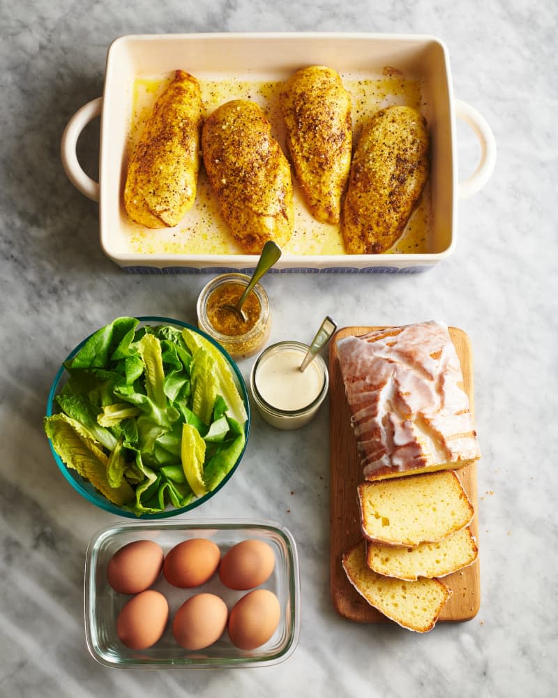 meal prep scene with dishes on a kitchen counter