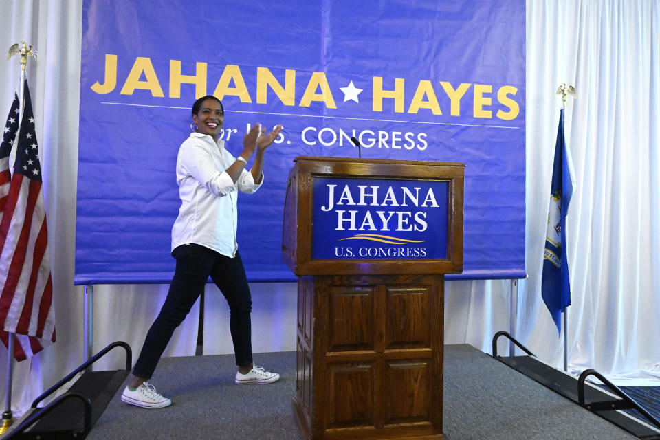 United States Rep. Jahana Hayes, D-Conn., greets supporters at her election night event in Waterbury, Conn., Tuesday, Nov. 8, 2022. Hayes is running for reelection in Connecticut's fifth congressional district against Republican House candidate George Logan. (AP Photo/Jessica Hill)