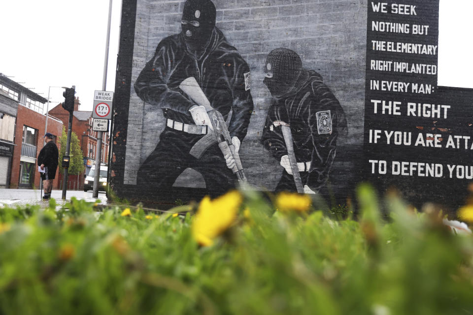 A loyalist mural is seen on a wall in east Belfast, Northern Ireland, Wednesday, April 5, 2023. It has been 25 years since the Good Friday Agreement largely ended a conflict in Northern Ireland that left 3,600 people dead. (AP Photo/Peter Morrison)