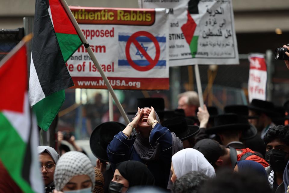 Pro-Palestinian protestors demonstrate against the war in Gaza at Hunter College in New York on May 6, 2024.