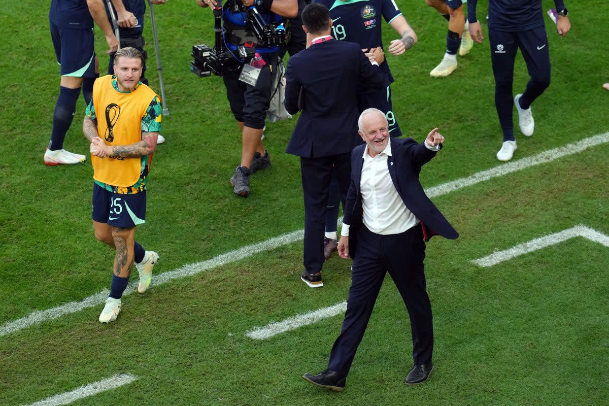 Australia manager Graham Arnold celebrates victory over Tunisia (Nick Potts/PA) (PA Wire)