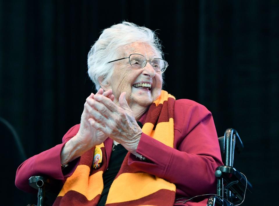 Sister Jean Delores Schmidt, 101, is returning to action to cheer on Loyola-Chicago at the NCAA men's tournament.