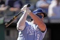 Kansas City Royals' Vinnie Pasquantino watches his two-run home run during the third inning of the first game of a baseball doubleheader against the Chicago White Sox Tuesday, Aug. 9, 2022, in Kansas City, Mo. (AP Photo/Charlie Riedel)