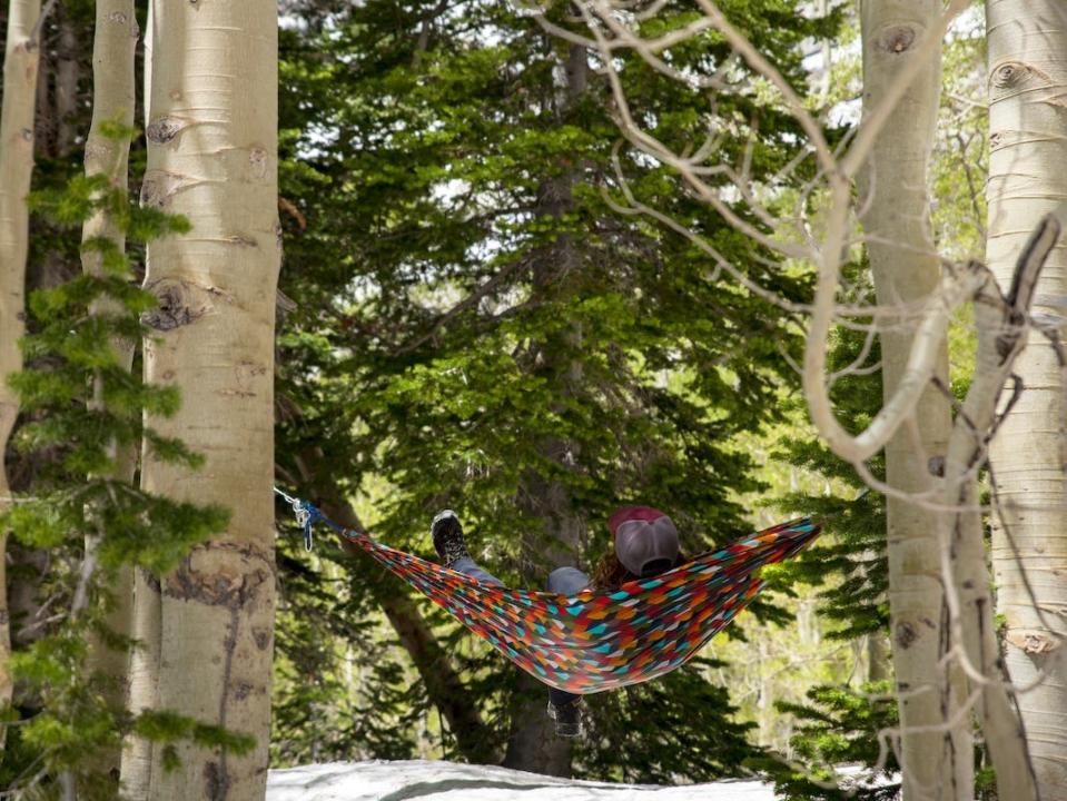 A camper hanging in a hammock.