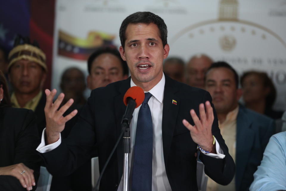 Venezuela's opposition leader and interim president Juan Guaido, speaks during a press conference at his campaign office in Caracas, Venezuela, Tuesday, May 14, 2019. Since declaring Venezuela's President Nicolas Maduro as illegitimate, Guaidó has been in the midst of a power struggle with Maduro. (AP Photo/Martin Mejia)