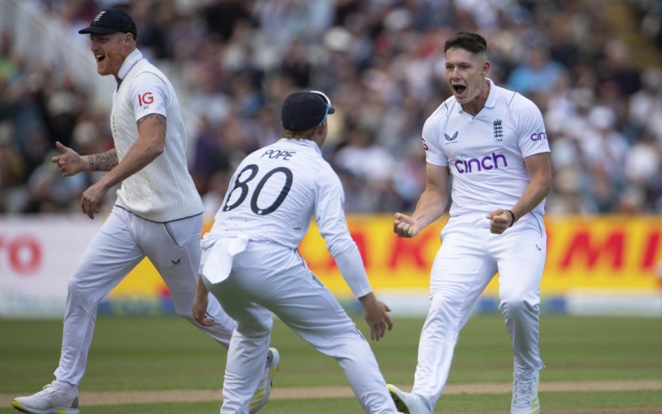 BIRMINGHAM, ENGLAND - JULY 01: Matthew Potts of England celebrates dismissing Virat Kohli of India (NOT PICTURED) with team mates Ben Stokes and Ollie Pope during the first day of the fifth LV= Insurance Test Match between England and India at Edgbaston on July 1, 2022 - GETTY IMAGES