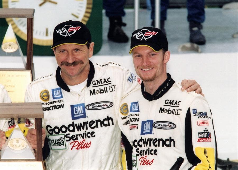 Dale Earnhardt Sr. and Dale Earnhardt Jr. pose together in Daytona Beach in 2001. The Earnhardts and Andy Pilgram earned second in the GTS category during the 2001 Rolex 24 At Daytona.