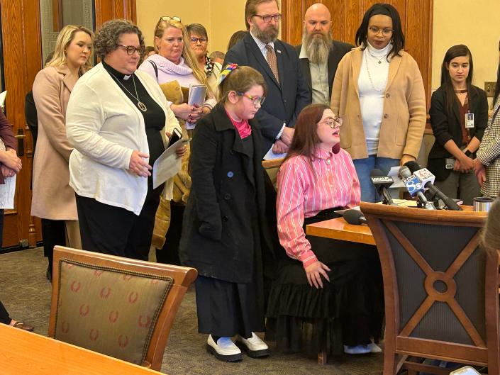 Sarah SmallCarter and her daughter, Odin SmallCarter, spoke at a Senate subcommittee for a bill that would prohibit gender identity instruction for kindergarten through eighth grade.