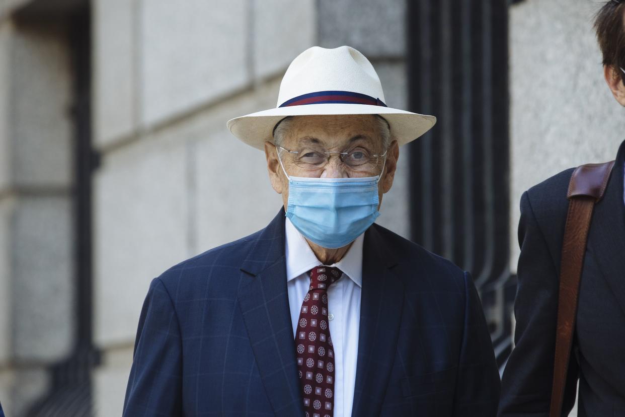 Sheldon Silver wears a protective face mask while leaving Manhattan Federal Court after being sentenced Monday, July 20, 2020. 