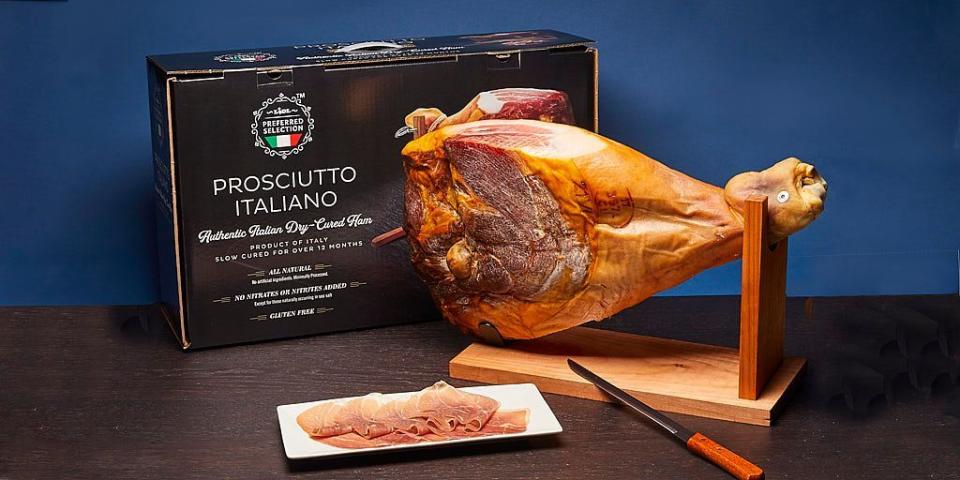 <p>You can buy an entire leg of prosciutto at just a fraction of the cost you'll find at any butcher store. Wow your guests by presenting this at the holiday table or bring one along as a host gift. This 15lb authentic Italian leg is curated for an entire year before it's packaged up along with a knife and carving stand and shipped out. </p>