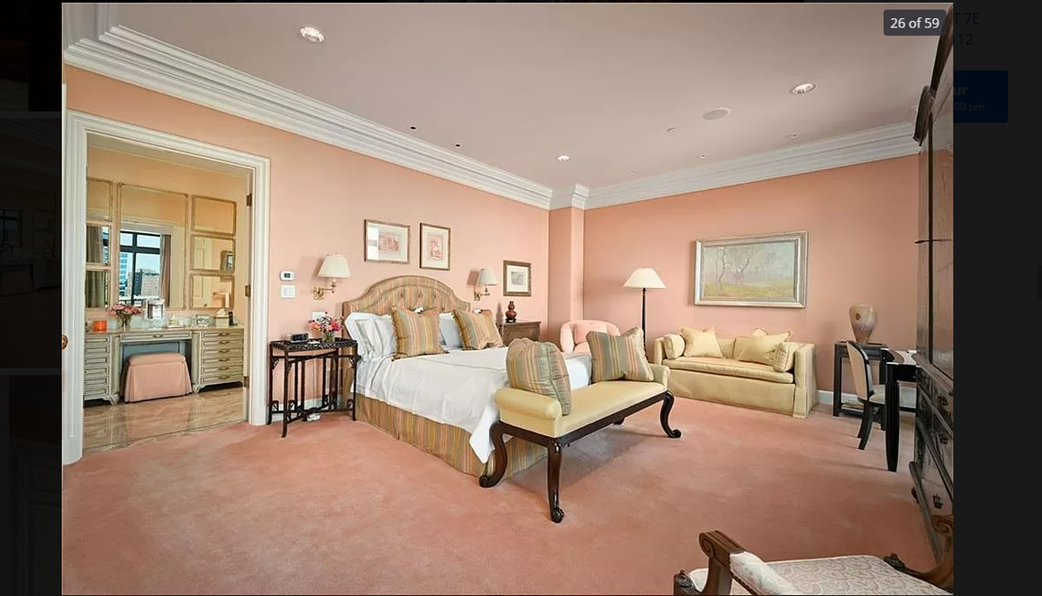 The main bedroom of 433 Ward Parkway, Unit 7E. This Kansas City penthouse overlooking the Plaza is listed for $4.4 million. Screenshot from Zillow. March 7, 2024.